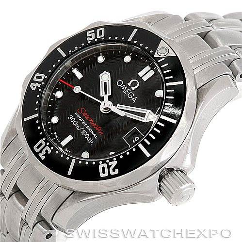 The image shows an angled view of the Omega 212.30.28.61.01.001 Women's Stainless Steel Black Dial 212.30.28.61.01.001 Women's Stainless Steel Black Dial Seamaster Professional 300 M Ladies Watch 212.30.28.61.01.001, highlighting the face, bezel, and crown.