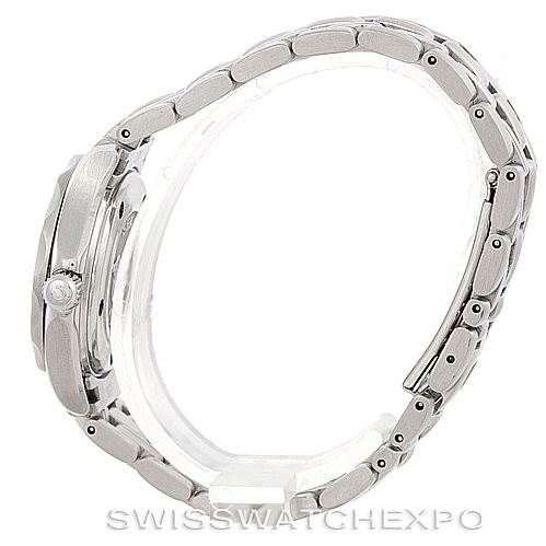 This is a side view showcasing the bracelet and crown of the Omega 212.30.28.61.01.001 Women's Stainless Steel Black Dial 212.30.28.61.01.001 Women's Stainless Steel Black Dial Seamaster Professional 300 M Ladies Watch 212.30.28.61.01.001.