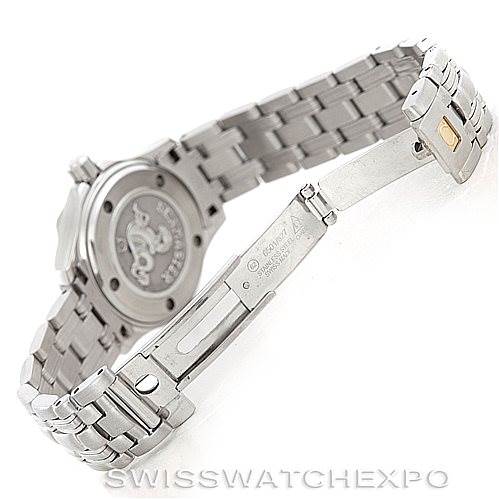 The image shows the back and partially unfolded bracelet clasp of the Omega 212.30.28.61.01.001 Women's Stainless Steel Black Dial 212.30.28.61.01.001 Women's Stainless Steel Black Dial Seamaster Professional 300 M Ladies Watch model 212.30.28.61.01.001.