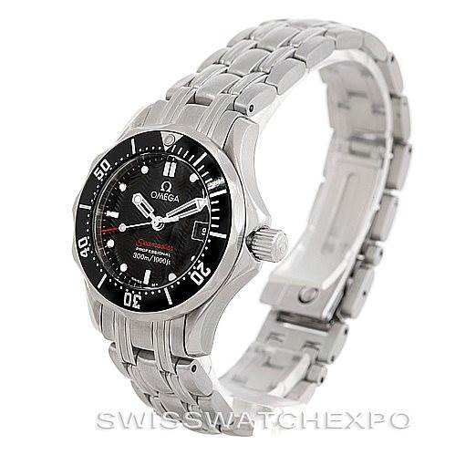 The image shows an Omega 212.30.28.61.01.001 Women's Stainless Steel Black Dial 212.30.28.61.01.001 Women's Stainless Steel Black Dial Seamaster Professional 300 M Ladies Watch 212.30.28.61.01.001 at a 3/4 angle, highlighting the dial, bezel, and bracelet.