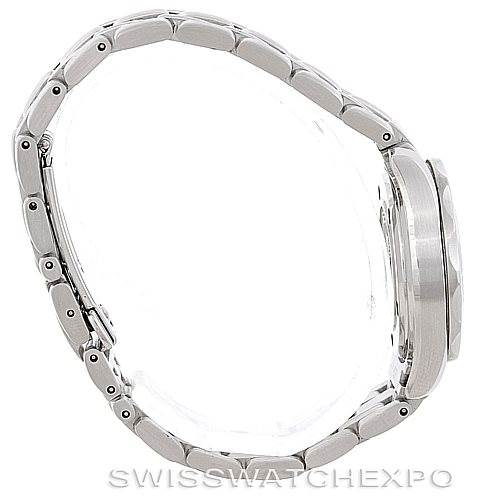 This side view of the Omega 212.30.28.61.01.001 Women's Stainless Steel Black Dial 212.30.28.61.01.001 Women's Stainless Steel Black Dial Seamaster Professional 300 M Ladies Watch (model 212.30.28.61.01.001) highlights the bracelet and case.