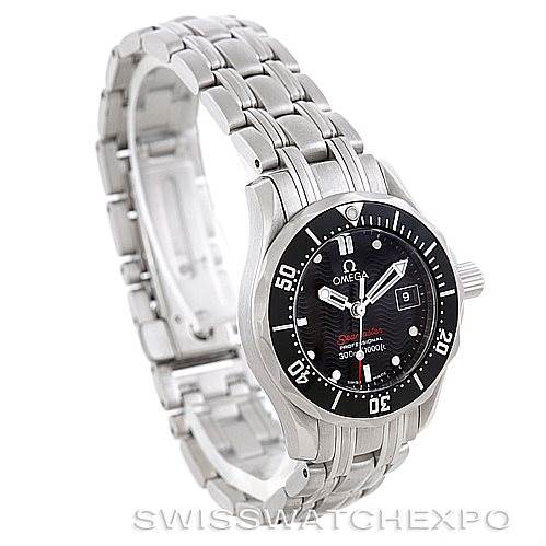 This image shows a front-side angle of the Omega 212.30.28.61.01.001 Women's Stainless Steel Black Dial 212.30.28.61.01.001 Women's Stainless Steel Black Dial Seamaster Professional 300 M Ladies Watch 212.30.28.61.01.001, highlighting its face and bracelet.