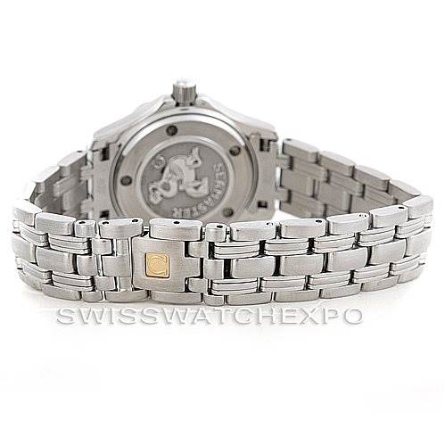 This image shows the back and bracelet of the Omega 212.30.28.61.01.001 Women's Stainless Steel Black Dial 212.30.28.61.01.001 Women's Stainless Steel Black Dial Seamaster Professional 300 M Ladies Watch model 212.30.28.61.01.001.