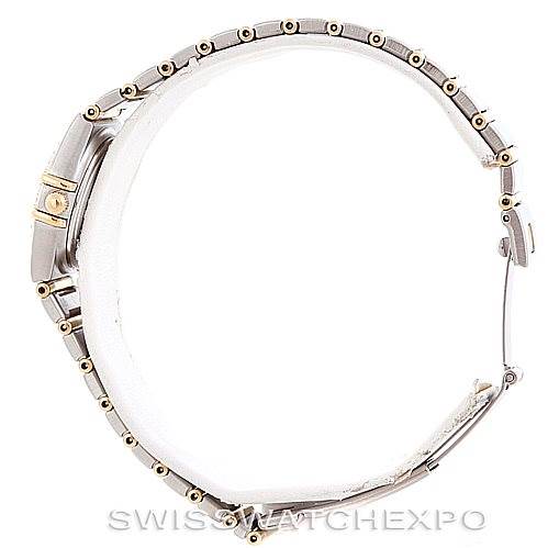 This side-view image shows the bracelet and clasp of the Omega 1267.70.00 Women
s Steel and Gold (two tone) Mother of Pearl Dial 1267.70.00 Women
s Steel and Gold (two tone) Mother of Pearl Dial Constellation My Choice Steel Gold Diamond Watch 1267.70.00.