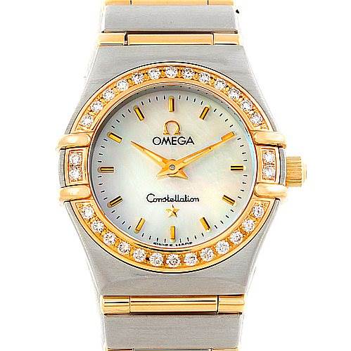 This image shows a front view of the Omega 1267.70.00 Women
s Steel and Gold (two tone) Mother of Pearl Dial 1267.70.00 Women
s Steel and Gold (two tone) Mother of Pearl Dial Constellation My Choice Steel Gold Diamond Watch 1267.70.00, displaying its face and band.