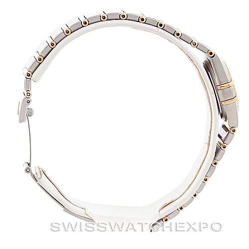 The image shows a side view of the Omega 1267.70.00 Women
s Steel and Gold (two tone) Mother of Pearl Dial 1267.70.00 Women
s Steel and Gold (two tone) Mother of Pearl Dial Constellation My Choice Steel Gold Diamond Watch 1267.70.00, highlighting its bracelet and clasp.