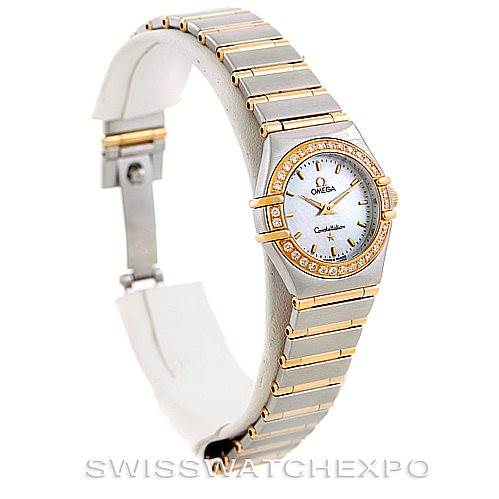 The image shows a side angle of the Omega 1267.70.00 Women
s Steel and Gold (two tone) Mother of Pearl Dial 1267.70.00 Women
s Steel and Gold (two tone) Mother of Pearl Dial Constellation My Choice Steel Gold Diamond Watch 1267.70.00, displaying its bracelet and face.