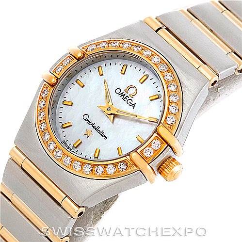 This image shows an angled top-side view of the Omega 1267.70.00 Women
s Steel and Gold (two tone) Mother of Pearl Dial 1267.70.00 Women
s Steel and Gold (two tone) Mother of Pearl Dial Constellation My Choice Steel Gold Diamond Watch 1267.70.00, highlighting its dial, bezel, and partial bracelet.