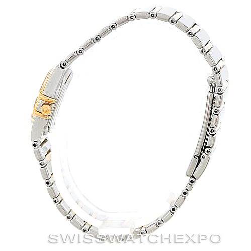 The image shows a side view of the bracelet and clasp of the Omega 1365.75.00 Women
s Steel and Gold (two tone) Mother of Pearl Dial 1365.75.00 Women
s Steel and Gold (two tone) Mother of Pearl Dial Ladies Constellation Diamond Mini 1365.75.00 watch.