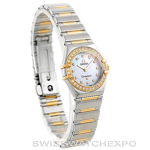 The Omega 1365.75.00 Women
s Steel and Gold (two tone) Mother of Pearl Dial 1365.75.00 Women
s Steel and Gold (two tone) Mother of Pearl Dial Ladies Constellation Diamond Mini 1365.75.00 watch is shown at a three-quarter angle, highlighting its face, bracelet, and diamond bezel.
