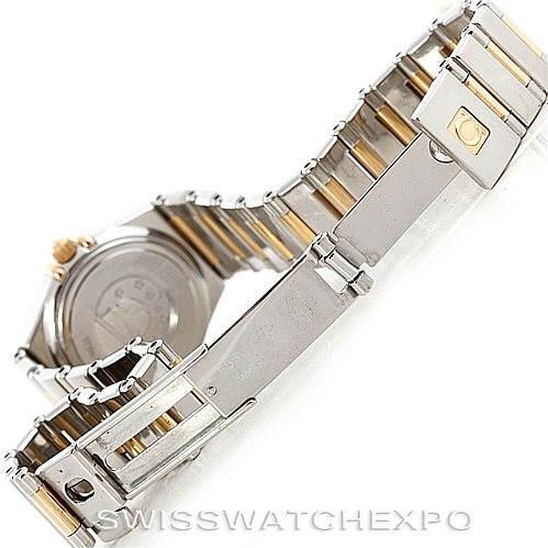 This image shows the back and stainless steel bracelet of the Omega 1365.75.00 Women
s Steel and Gold (two tone) Mother of Pearl Dial 1365.75.00 Women
s Steel and Gold (two tone) Mother of Pearl Dial Ladies Constellation Diamond Mini 1365.75.00 watch.
