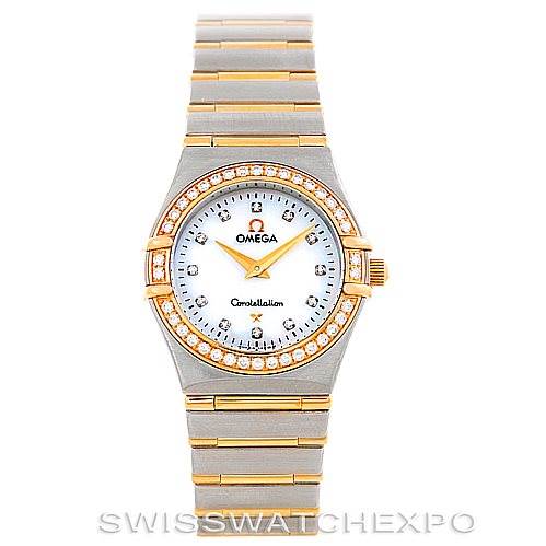 This image shows a front view of the Omega 123.25.24.60.55.003 Women
s Steel and Gold (two tone) Mother of Pearl Dial 123.25.24.60.55.003 Women
s Steel and Gold (two tone) Mother of Pearl Dial Constellation My Choice Steel Gold Diamond Watch 123.25.24.60.55.003.