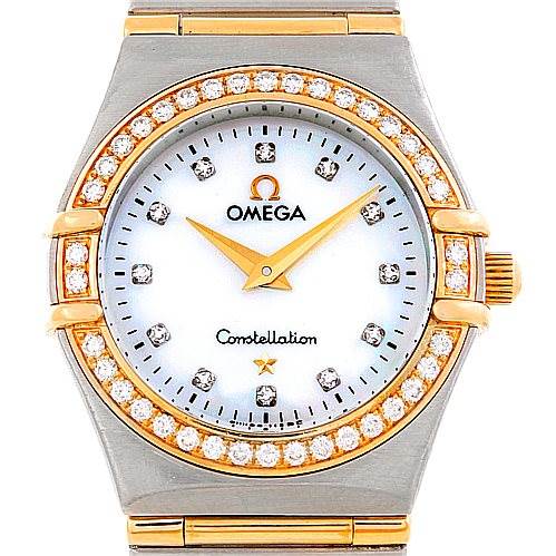 The image shows a front view of the Omega 123.25.24.60.55.003 Women
s Steel and Gold (two tone) Mother of Pearl Dial 123.25.24.60.55.003 Women
s Steel and Gold (two tone) Mother of Pearl Dial Constellation My Choice Steel Gold Diamond Watch 123.25.24.60.55.003.