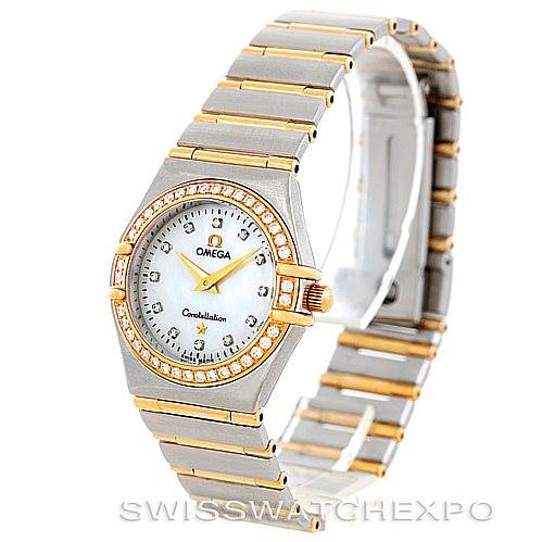 The Omega 123.25.24.60.55.003 Women
s Steel and Gold (two tone) Mother of Pearl Dial 123.25.24.60.55.003 Women
s Steel and Gold (two tone) Mother of Pearl Dial Constellation My Choice 123.25.24.60.55.003 watch is shown at a slight angle, highlighting the face, diamond bezel, and bracelet.