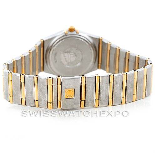This image shows the back and bracelet of the Omega 123.25.24.60.55.003 Women
s Steel and Gold (two tone) Mother of Pearl Dial 123.25.24.60.55.003 Women
s Steel and Gold (two tone) Mother of Pearl Dial Constellation My Choice Steel Gold Diamond Watch model 123.25.24.60.55.003.