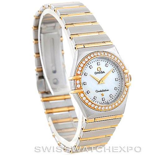 The image shows the Constellation My Choice Steel Gold Diamond Watch 123.25.24.60.55.003 by Omega 123.25.24.60.55.003 Women
s Steel and Gold (two tone) Mother of Pearl Dial 123.25.24.60.55.003 Women
s Steel and Gold (two tone) Mother of Pearl Dial from an angled side view, displaying the face, bezel, and bracelet.