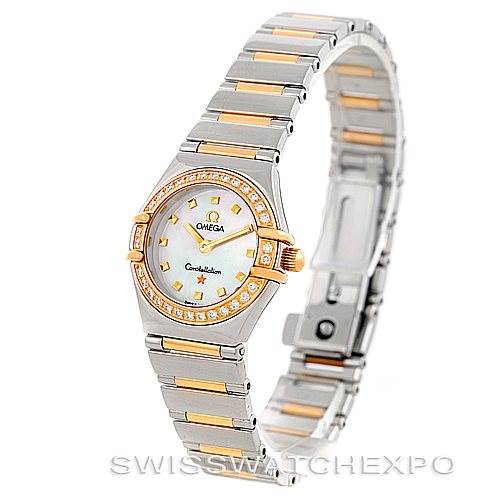 This Omega 1365.71.00 Women
s Steel and Gold (two tone) Mother of Pearl Dial 1365.71.00 Women
s Steel and Gold (two tone) Mother of Pearl Dial Constellation Diamond Mini 1365.71.00 is shown at a tilted angle displaying the face, bracelet, and clasp.