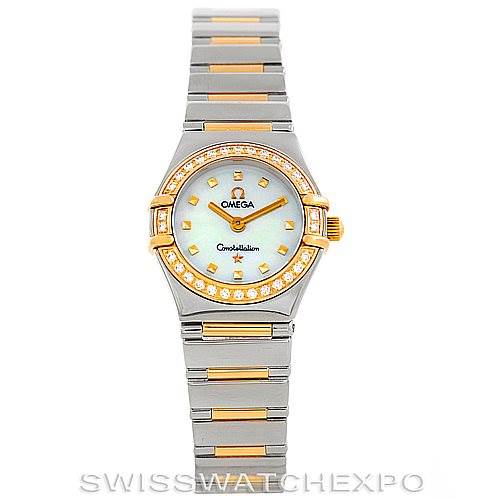 This image shows a front view of the Omega 1365.71.00 Women
s Steel and Gold (two tone) Mother of Pearl Dial 1365.71.00 Women
s Steel and Gold (two tone) Mother of Pearl Dial Ladies Constellation Diamond Mini 1365.71.00 watch, showcasing its dial, bezel, and bracelet.