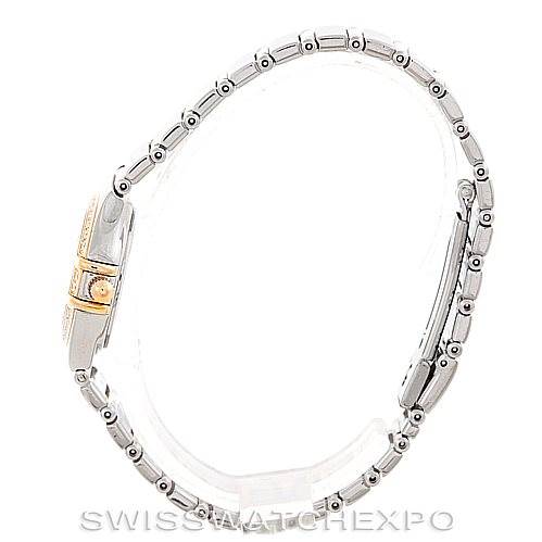 The image shows a side profile view of the Omega 1365.71.00 Women
s Steel and Gold (two tone) Mother of Pearl Dial 1365.71.00 Women
s Steel and Gold (two tone) Mother of Pearl Dial Ladies Constellation Diamond Mini 1365.71.00 model, highlighting the bracelet and clasp.