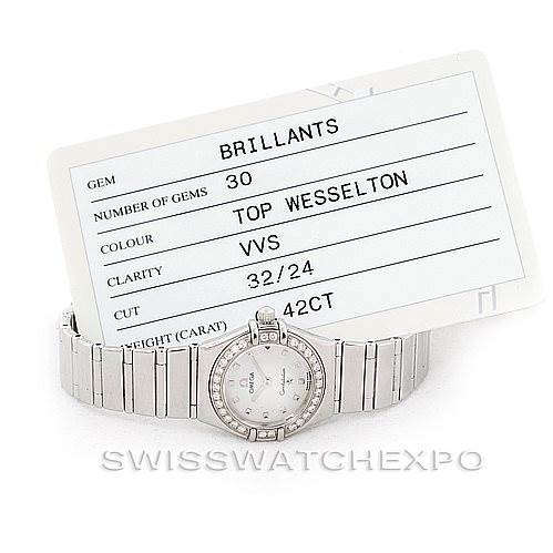 This image shows an Omega 1465.71.00 Women
s Stainless Steel Mother of Pearl Dial 1465.71.00 Women
s Stainless Steel Mother of Pearl Dial Constellation My Choice Ladies Mini Watch 1465.71.00 displayed front-on, accompanied by a gem certificate.