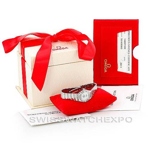 The image shows a brand new Omega 1465.71.00 Women
s Stainless Steel Mother of Pearl Dial 1465.71.00 Women
s Stainless Steel Mother of Pearl Dial Constellation My Choice Ladies Mini Watch model 1465.71.00 with its box, warranty card, and documents.