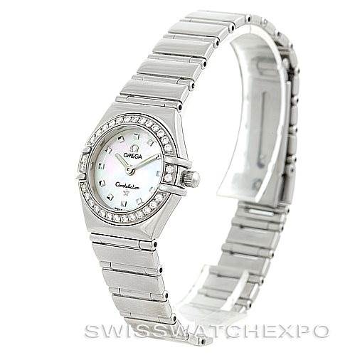 The Omega 1465.71.00 Women
s Stainless Steel Mother of Pearl Dial 1465.71.00 Women
s Stainless Steel Mother of Pearl Dial Constellation My Choice Ladies Mini Watch 1465.71.00 is shown at a slight angle, displaying its bezel, dial, and bracelet.