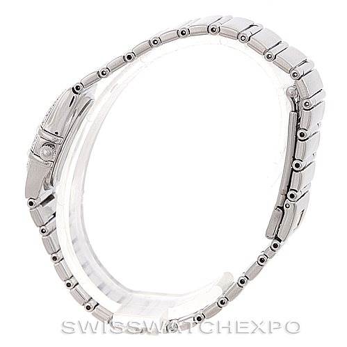 The image shows a side view of the Omega 1465.71.00 Women
s Stainless Steel Mother of Pearl Dial 1465.71.00 Women
s Stainless Steel Mother of Pearl Dial Constellation My Choice Ladies Mini Watch 1465.71.00, focusing on its bracelet.