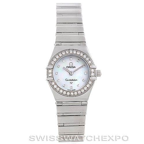 The image shows a frontal view of the Omega 1465.71.00 Women
s Stainless Steel Mother of Pearl Dial 1465.71.00 Women
s Stainless Steel Mother of Pearl Dial Constellation My Choice Ladies Mini Watch 1465.71.00, including the dial, bezel, and bracelet.