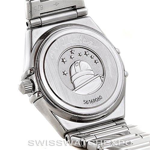 The image shows the case back and part of the strap of an Omega 1465.71.00 Women
s Stainless Steel Mother of Pearl Dial 1465.71.00 Women
s Stainless Steel Mother of Pearl Dial Constellation My Choice Ladies Mini Watch 1465.71.00.
