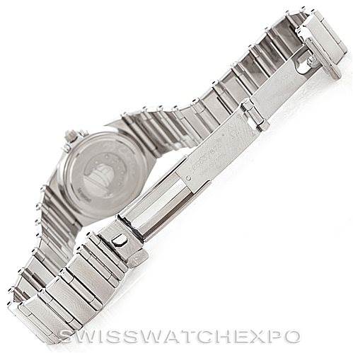 This image shows the back and extended bracelet of the Omega 1465.71.00 Women
s Stainless Steel Mother of Pearl Dial 1465.71.00 Women
s Stainless Steel Mother of Pearl Dial Constellation My Choice Ladies Mini Watch, model 1465.71.00.