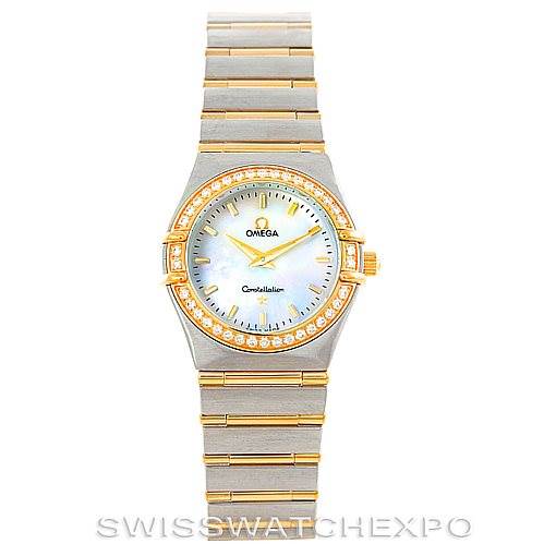 The Omega 1277.70.00 Women
s Steel and Gold (two tone) Mother of Pearl Dial 1277.70.00 Women
s Steel and Gold (two tone) Mother of Pearl Dial Constellation My Choice Steel Gold Diamond Watch 1277.70.00 is shown from the front, displaying the face, bezel, and bracelet.