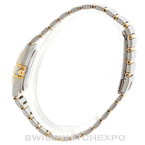 The image shows a side profile of the Omega 1277.70.00 Women
s Steel and Gold (two tone) Mother of Pearl Dial 1277.70.00 Women
s Steel and Gold (two tone) Mother of Pearl Dial Constellation My Choice Steel Gold Diamond Watch 1277.70.00, highlighting its bracelet.