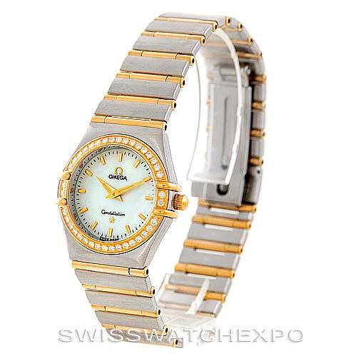 The image shows the Omega 1277.70.00 Women
s Steel and Gold (two tone) Mother of Pearl Dial 1277.70.00 Women
s Steel and Gold (two tone) Mother of Pearl Dial Constellation My Choice Steel Gold Diamond Watch 1277.70.00 at a three-quarter angle, displaying its face and band.