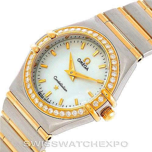 The image shows a top-down view of an Omega 1277.70.00 Women
s Steel and Gold (two tone) Mother of Pearl Dial 1277.70.00 Women
s Steel and Gold (two tone) Mother of Pearl Dial Constellation My Choice Steel Gold Diamond Watch 1277.70.00, highlighting the face and part of the bracelet.