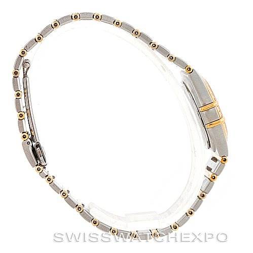 The Omega 1277.70.00 Women
s Steel and Gold (two tone) Mother of Pearl Dial 1277.70.00 Women
s Steel and Gold (two tone) Mother of Pearl Dial Constellation My Choice Steel Gold Diamond Watch 1277.70.00 is shown from the side, highlighting its band and case.