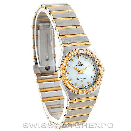 The image shows an angled view of the Omega 1277.70.00 Women
s Steel and Gold (two tone) Mother of Pearl Dial 1277.70.00 Women
s Steel and Gold (two tone) Mother of Pearl Dial Constellation My Choice Steel Gold Diamond Watch 1277.70.00, highlighting its bezel, dial, and bracelet.