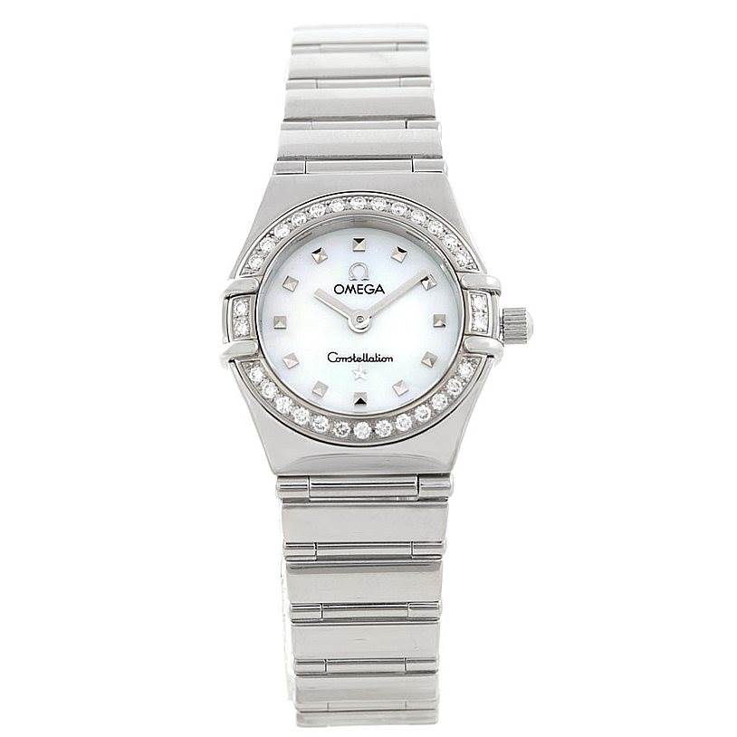 This image shows a front view of the Omega 1465.71.00 Women
s Stainless Steel Mother of Pearl Dial 1465.71.00 Women
s Stainless Steel Mother of Pearl Dial Constellation My Choice Ladies Diamond Mini Watch 1465.71.00, displaying the face, bezel, and bracelet.