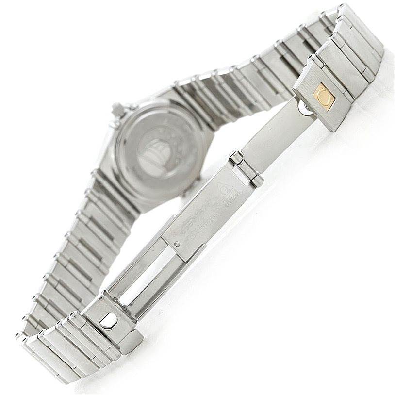 The image shows the back and open clasp of the Omega 1465.71.00 Women
s Stainless Steel Mother of Pearl Dial 1465.71.00 Women
s Stainless Steel Mother of Pearl Dial Constellation My Choice Ladies Diamond Mini Watch 1465.71.00.