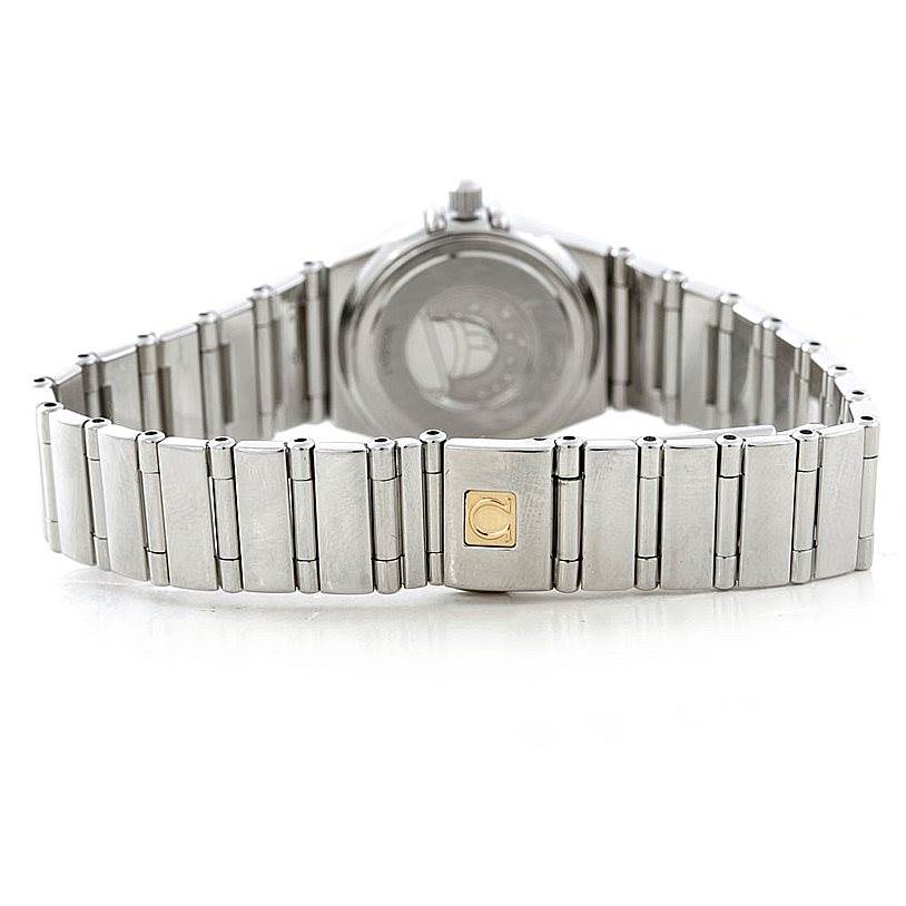 The image shows the back and bracelet of the Omega 1465.71.00 Women
s Stainless Steel Mother of Pearl Dial 1465.71.00 Women
s Stainless Steel Mother of Pearl Dial Constellation My Choice Ladies Diamond Mini Watch 1465.71.00 model.