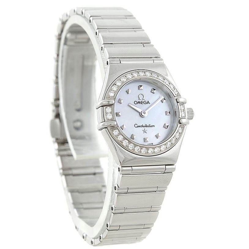 The image shows an Omega 1465.71.00 Women
s Stainless Steel Mother of Pearl Dial 1465.71.00 Women
s Stainless Steel Mother of Pearl Dial Constellation My Choice Ladies Diamond Mini Watch 1465.71.00, displaying the front and side angle.