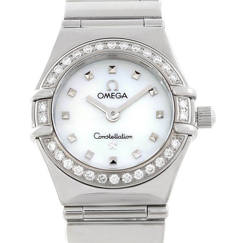 The image shows a frontal view of the Omega 1465.71.00 Women
s Stainless Steel Mother of Pearl Dial 1465.71.00 Women
s Stainless Steel Mother of Pearl Dial Constellation My Choice Ladies Diamond Mini Watch 1465.71.00, highlighting its face, bezel, and bracelet.