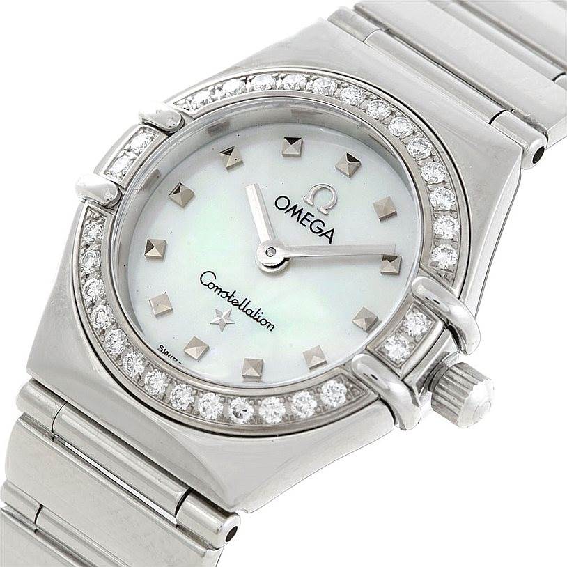 The image shows a top-view angle of the Omega 1465.71.00 Women
s Stainless Steel Mother of Pearl Dial 1465.71.00 Women
s Stainless Steel Mother of Pearl Dial Constellation My Choice Ladies Diamond Mini Watch 1465.71.00, highlighting the dial, bezel, and bracelet.