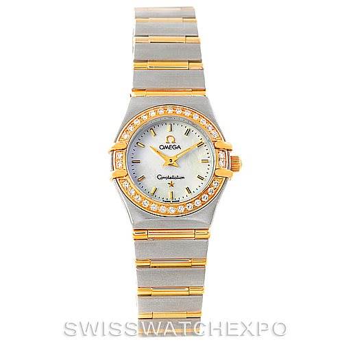This image shows a front view of the Omega 1267.70.00 Women
s Steel and Gold (two tone) Mother of Pearl Dial 1267.70.00 Women
s Steel and Gold (two tone) Mother of Pearl Dial Constellation Ladies Diamond Mini Watch 1267.70.00, displaying the face and bracelet.