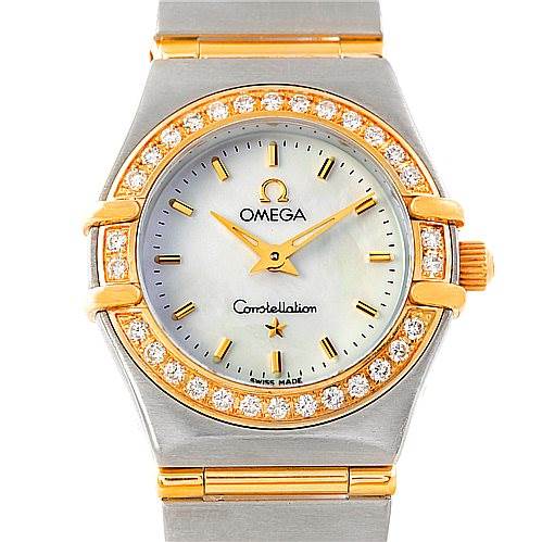The image shows a full frontal view of the Omega 1267.70.00 Women
s Steel and Gold (two tone) Mother of Pearl Dial 1267.70.00 Women
s Steel and Gold (two tone) Mother of Pearl Dial Constellation Ladies Diamond Mini Watch 1267.70.00 with a focus on its face and bezel.