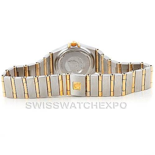 The image shows the back view and bracelet of the Omega 1267.70.00 Women
s Steel and Gold (two tone) Mother of Pearl Dial 1267.70.00 Women
s Steel and Gold (two tone) Mother of Pearl Dial Constellation Ladies Diamond Mini Watch model 1267.70.00.