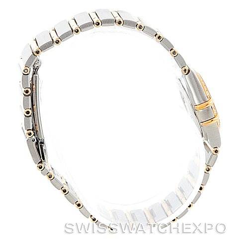 The image shows a side view of the Omega 1267.70.00 Women
s Steel and Gold (two tone) Mother of Pearl Dial 1267.70.00 Women
s Steel and Gold (two tone) Mother of Pearl Dial Constellation Ladies Diamond Mini Watch 1267.70.00, highlighting its bracelet and clasp.