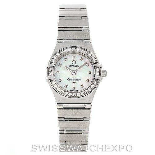The image shows a frontal view of the Omega 1465.71.00 Women
s Stainless Steel Mother of Pearl Dial 1465.71.00 Women
s Stainless Steel Mother of Pearl Dial Constellation My Choice Ladies Mini Watch 1465.71.00 model, displaying the entire watch.