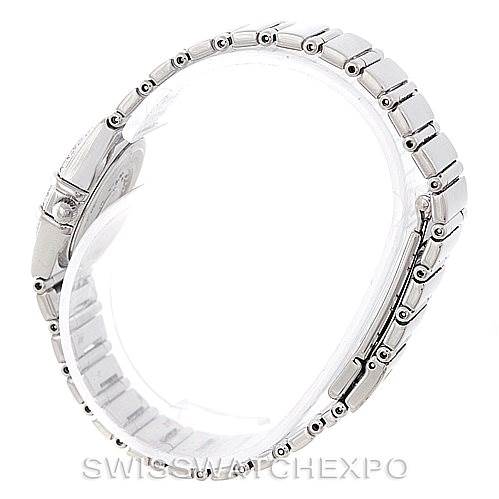 This image shows a side view of the Omega 1465.71.00 Women
s Stainless Steel Mother of Pearl Dial 1465.71.00 Women
s Stainless Steel Mother of Pearl Dial Constellation My Choice Ladies Mini Watch 1465.71.00, focusing on its metallic bracelet and clasp.