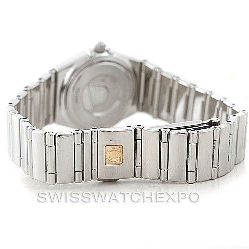 The image shows the back view of the Omega 1465.71.00 Women
s Stainless Steel Mother of Pearl Dial 1465.71.00 Women
s Stainless Steel Mother of Pearl Dial Constellation My Choice Ladies Mini Watch 1465.71.00, highlighting its stainless steel bracelet and clasp.