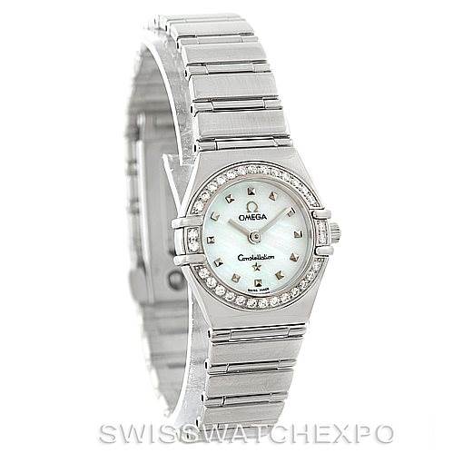 The image shows the front and partial side view of the Omega 1465.71.00 Women
s Stainless Steel Mother of Pearl Dial 1465.71.00 Women
s Stainless Steel Mother of Pearl Dial Constellation My Choice Ladies Mini Watch 1465.71.00.